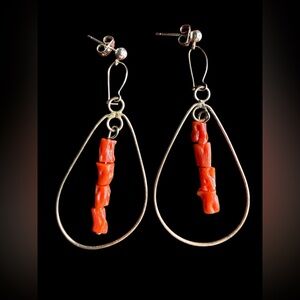 Vintage Red Coral Drop Earrings Sterling Silver Teardrop Dangle